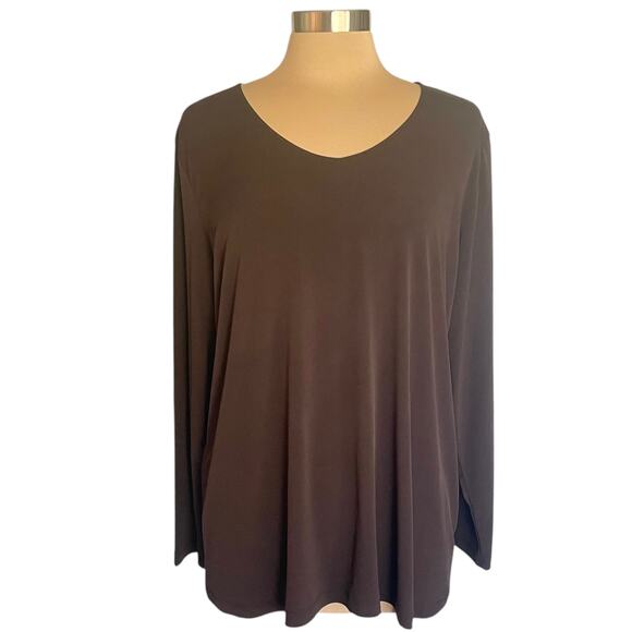 Susan Graver Chocolate Brown Liquid Knit Top Sz 1X Long Sleeve VNeck Fall Casual - Picture 1 of 6